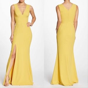 NEW Dress the Population Canary Yellow Sandra Crepe Mermaid Gown Maxi Dress